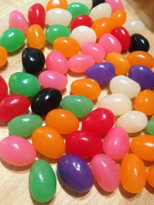 All flavors of Brach's Spiced Jelly Bird Eggs laid out on a table